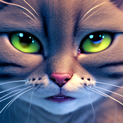 Cute cat of the future, closeup cute and adorable, cute big circular reflective eyes, long fuzzy fur, Pixar render, unreal engine cinematic smooth, intricate detail, cinematic, digital art, trending on artstation, (cgsociety) with style of (Mandy Jurgens)