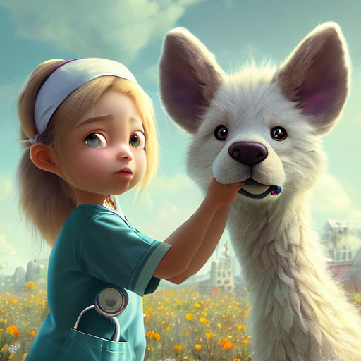 a compassionate nurse, tending to wounded soldiers near the battlegrounds. Show her providing tender care and support despite her own limitations, capturing the essence of her strength in vulnerability., closeup cute and adorable, cute big circular reflective eyes, long fuzzy fur, Pixar render, unreal engine cinematic smooth, intricate detail, cinematic, pastel colors style, colorful with style of (Edgar Degas)