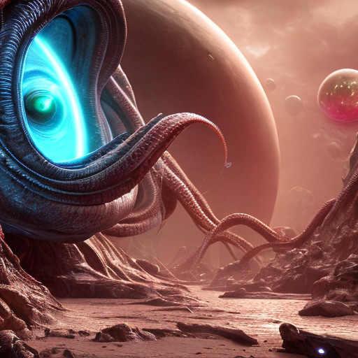 Alien civilizations, Alien extraterrestrial life in another dimension full of tentacles floating in air with glowing eyes, cinematic lighting, side lighting, bloom effect, photo realistic, 8k resolution, intricately detailed, smooth visual effect, highly textured, centered, (works by Jan Urschel, Michal Karcz), dark sci-fi, trending on artstation with style of (John Berkey)