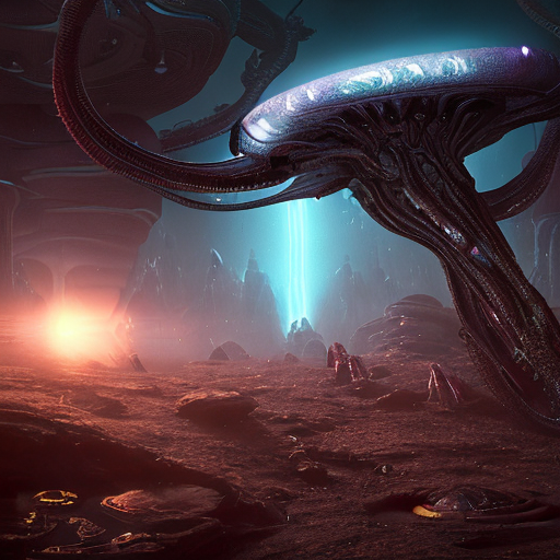 Alien civilizations, Alien extraterrestrial life in another dimension full of tentacles floating in air with glowing eyes, cinematic lighting, side lighting, bloom effect, photo realistic, 8k resolution, intricately detailed, smooth visual effect, highly textured, centered, (works by Jan Urschel, Michal Karcz), dark sci-fi, trending on artstation with style of (Sparth)