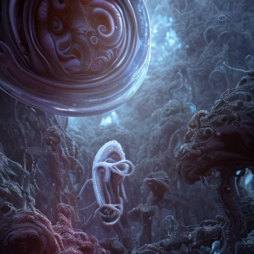 Alien extraterrestrial life in another dimension full of tentacles floating in air with glowing eyes, cinematic lighting, side lighting, bloom effect, photo realistic, 8k resolution, intricately detailed, smooth visual effect, highly textured, centered, (works by Jan Urschel, Michal Karcz), dark sci-fi, trending on artstation with style of (John Berkey)