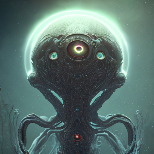 Alien extraterrestrial life in another dimension full of tentacles floating in air with glowing eyes, cinematic lighting, side lighting, bloom effect, photo realistic, 8k resolution, intricately detailed, smooth visual effect, highly textured, centered, (works by Jan Urschel, Michal Karcz), dark sci-fi, trending on artstation with style of (Sparth)