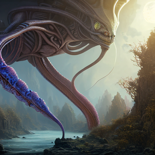 Alien extraterrestrial life in another dimension full of tentacles floating in air with glowing eyes, cinematic lighting, side lighting, bloom effect, photo realistic, 8k resolution, intricately detailed, smooth visual effect, highly textured, centered, fantasy, (Greg Rutkowski), (Marc Simonetti), (Frank Frazetta), (Artgerm) with style of (Greg Rutkowski)
