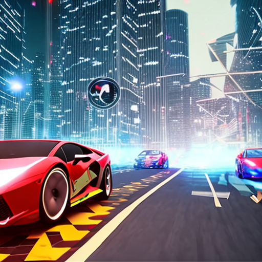 AI self-driving vehicles bright red floating lambo, ( scenery tall building night life city), unreal engine 3d, super detailed intricately drawn, perfect ratio, UHD, 8k resolution, centered, 8k, HD with style of