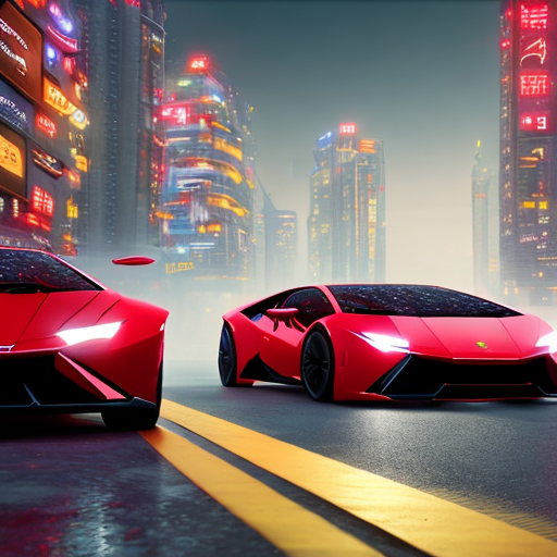 AI self-driving vehicles bright red floating lambo, ( scenery tall building night life city), unreal engine 3d, super detailed intricately drawn, perfect ratio, UHD, 8k resolution, centered, 8k, HD with style of