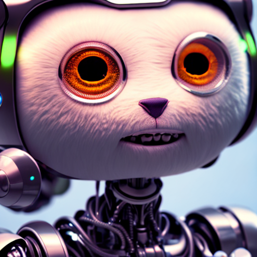 robot half flesh, closeup cute and adorable, cute big circular reflective eyes, long fuzzy fur, Pixar render, unreal engine cinematic smooth, intricate detail, cinematic, 8k, HD with style of
