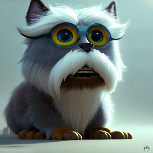 mustache, closeup cute and adorable, cute big circular reflective eyes, long fuzzy fur, Pixar render, unreal engine cinematic smooth, intricate detail, cinematic, digital art, trending on artstation, (cgsociety) with style of (Heraldo Ortega)