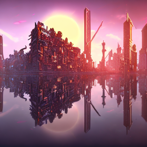 Destruction city with reflection, centered, 8k, HD with style of