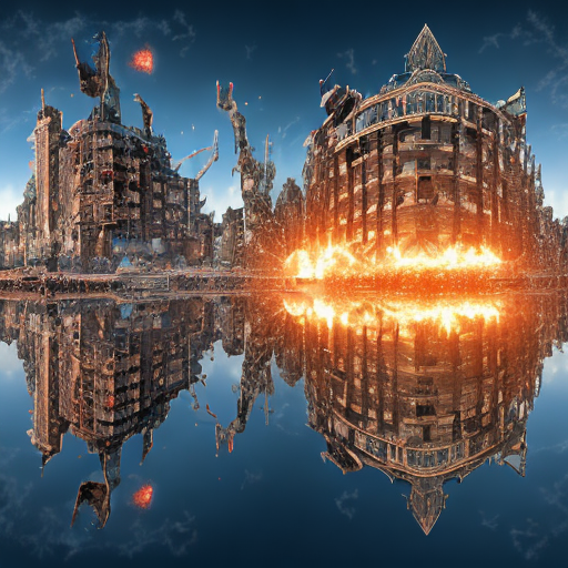 Destruction city with reflection, centered, 8k, HD with style of