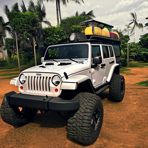 Pinoy jeep with monster wheel. the design has fire and a lot of modern lightings, centered, 8k, HD with style of