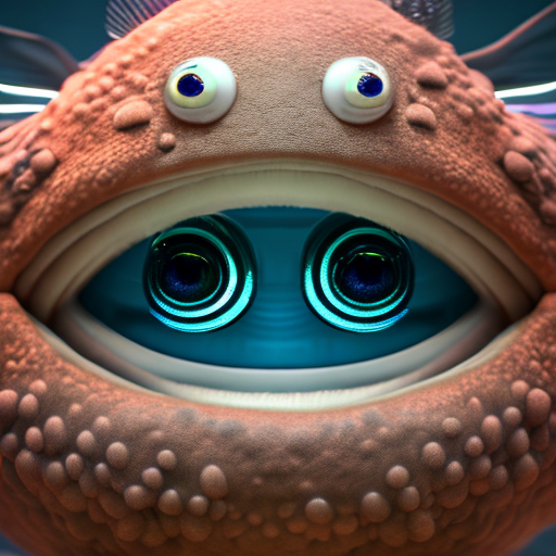 robotic fish, closeup cute and adorable, cute big circular reflective eyes, long fuzzy fur, Pixar render, unreal engine cinematic smooth, intricate detail, cinematic, 8k, HD with style of