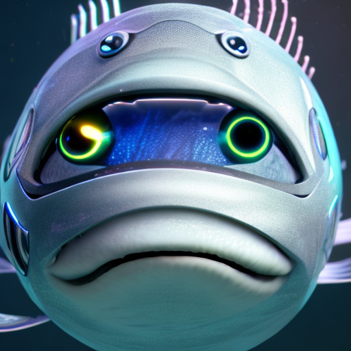 robotic fish, closeup cute and adorable, cute big circular reflective eyes, long fuzzy fur, Pixar render, unreal engine cinematic smooth, intricate detail, cinematic, 8k, HD with style of