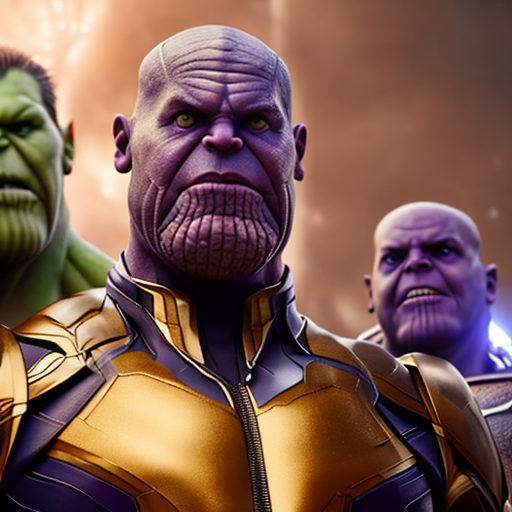 Avengers vs Thanos, closeup cute and adorable, cute big circular reflective eyes, long fuzzy fur, Pixar render, unreal engine cinematic smooth, intricate detail, cinematic, Portrait style, sharp, highly detailed, 8k, HD with style of (Kit Cat)