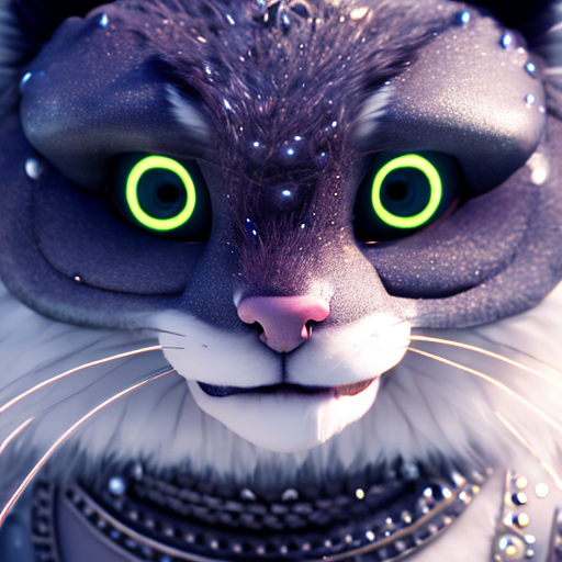 fully armored night rider, closeup cute and adorable, cute big circular reflective eyes, long fuzzy fur, Pixar render, unreal engine cinematic smooth, intricate detail, cinematic, 8k, HD with style of