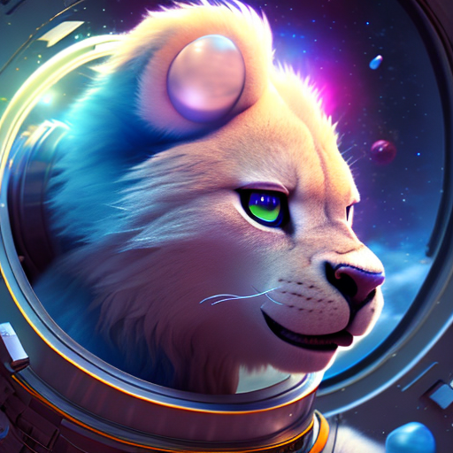 space lion on the milkyway, closeup cute and adorable, cute big circular reflective eyes, long fuzzy fur, Pixar render, unreal engine cinematic smooth, intricate detail, cinematic, 8k, HD with style of