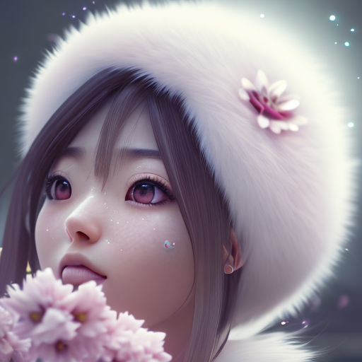 cute japanese girl with sakura flower, closeup cute and adorable, cute big circular reflective eyes, long fuzzy fur, Pixar render, unreal engine cinematic smooth, intricate detail, cinematic, 8k, HD with style of