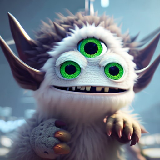 Monster, closeup cute and adorable, cute big circular reflective eyes, long fuzzy fur, Pixar render, unreal engine cinematic smooth, intricate detail, cinematic, 8k, HD with style of