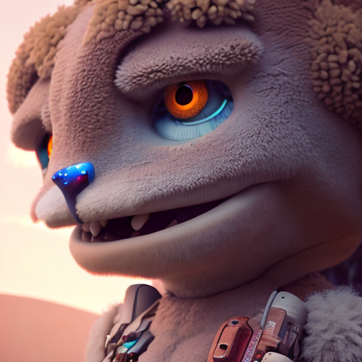 Giant desert robot, closeup cute and adorable, cute big circular reflective eyes, long fuzzy fur, Pixar render, unreal engine cinematic smooth, intricate detail, cinematic, 8k, HD with style of
