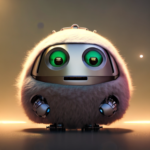 a robot, closeup cute and adorable, cute big circular reflective eyes, long fuzzy fur, Pixar render, unreal engine cinematic smooth, intricate detail, cinematic, 3d, octane render, high quality, 4k with style of