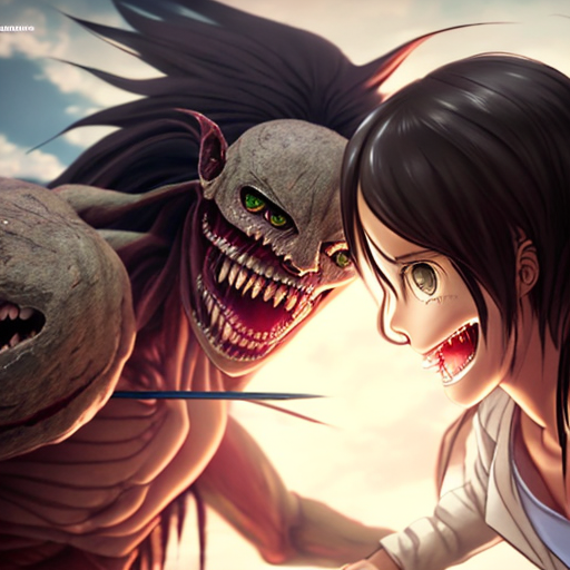 Attack on titan vs demon slayer, closeup cute and adorable, cute big circular reflective eyes, long fuzzy fur, Pixar render, unreal engine cinematic smooth, intricate detail, cinematic, 8k, HD with style of