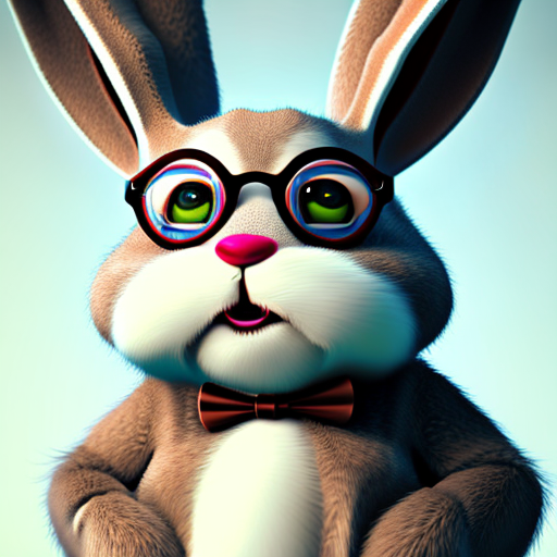 Cute cartoon rabbit with eye glasses, closeup cute and adorable, cute big circular reflective eyes, long fuzzy fur, Pixar render, unreal engine cinematic smooth, intricate detail, cinematic, 8k, HD with style of