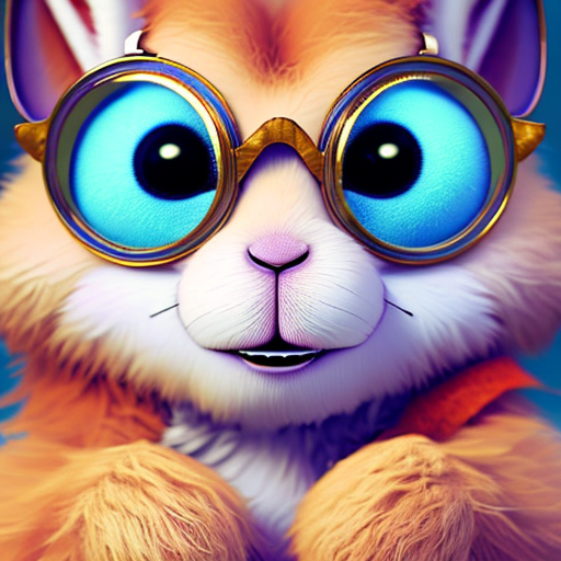 Cute cartoon rabbit with eye glasses, closeup cute and adorable, cute big circular reflective eyes, long fuzzy fur, Pixar render, unreal engine cinematic smooth, intricate detail, cinematic, pastel colors style, colorful with style of (Pierre-Auguste Renoir)