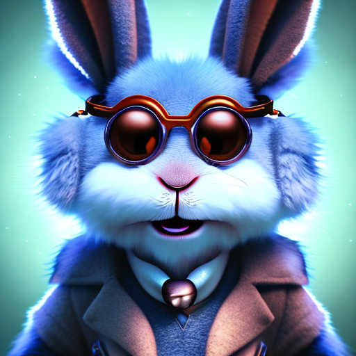 Cute cartoon rabbit with eye glasses, closeup cute and adorable, cute big circular reflective eyes, long fuzzy fur, Pixar render, unreal engine cinematic smooth, intricate detail, cinematic, pastel colors style, colorful with style of (Jean-Francois Millet)
