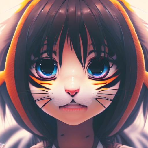 anime girl half tiger orange hair black stripes cute, closeup cute and adorable, cute big circular reflective eyes, long fuzzy fur, Pixar render, unreal engine cinematic smooth, intricate detail, cinematic, 8k, HD with style of