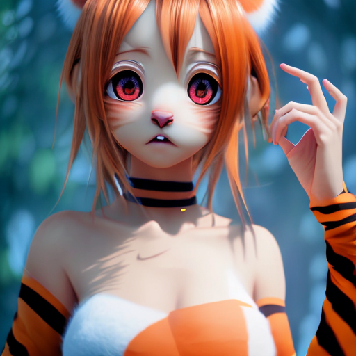anime girl half tiger orange hair black stripes cute, closeup cute and adorable, cute big circular reflective eyes, long fuzzy fur, Pixar render, unreal engine cinematic smooth, intricate detail, cinematic, 8k, HD with style of