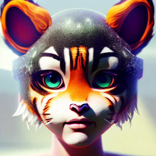 anime girl orange hair black stripes cute tiger ears, closeup cute and adorable, cute big circular reflective eyes, long fuzzy fur, Pixar render, unreal engine cinematic smooth, intricate detail, cinematic, digital art, trending on artstation, (cgsociety) with style of (Irina French)