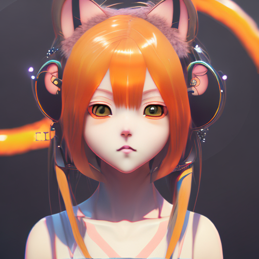 anime girl orange hair black stripes cute cat ears, closeup cute and adorable, cute big circular reflective eyes, long fuzzy fur, Pixar render, unreal engine cinematic smooth, intricate detail, cinematic, digital art, trending on artstation, (cgsociety) with style of (Irina French)