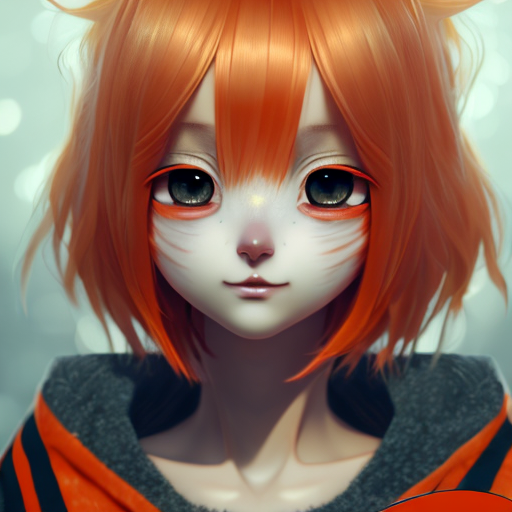 anime girl orange hair black stripes cute, closeup cute and adorable, cute big circular reflective eyes, long fuzzy fur, Pixar render, unreal engine cinematic smooth, intricate detail, cinematic, digital art, trending on artstation, (cgsociety) with style of (Irina French)