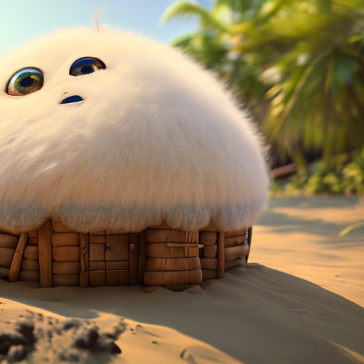 hut in the beach side, closeup cute and adorable, cute big circular reflective eyes, long fuzzy fur, Pixar render, unreal engine cinematic smooth, intricate detail, cinematic, 8k, HD with style of