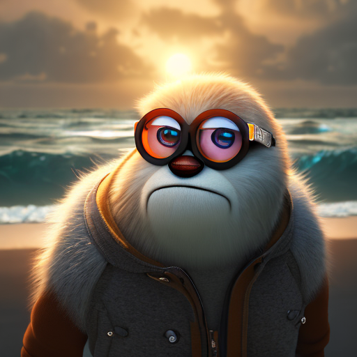 a guy looking at the sea with modern clothes and i glasses, closeup cute and adorable, cute big circular reflective eyes, long fuzzy fur, Pixar render, unreal engine cinematic smooth, intricate detail, cinematic, Realistic art, pencil drawing with style of
