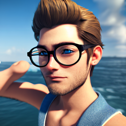 a guy looking at the sea with modern clothes and i glasses, closeup cute and adorable, cute big circular reflective eyes, long fuzzy fur, Pixar render, unreal engine cinematic smooth, intricate detail, cinematic, Realistic art, pencil drawing with style of