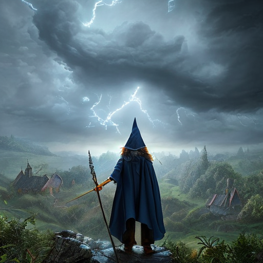 Wizard casting a spell under a Stormy sky, centered, digital art, trending on artstation, (cgsociety) with style of (Heraldo Ortega)