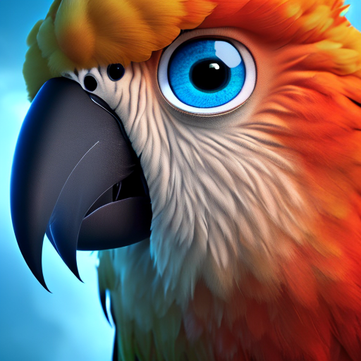 hellish parrot, closeup cute and adorable, cute big circular reflective eyes, long fuzzy fur, Pixar render, unreal engine cinematic smooth, intricate detail, cinematic, 8k, HD with style of