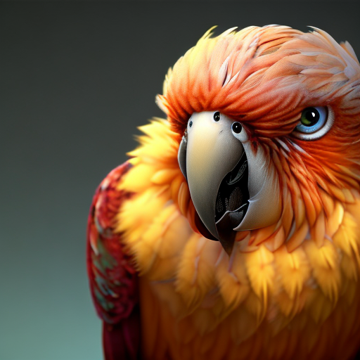 hellish parrot, closeup cute and adorable, cute big circular reflective eyes, long fuzzy fur, Pixar render, unreal engine cinematic smooth, intricate detail, cinematic, 8k, HD with style of