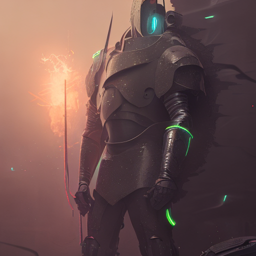 neon knight ashen, centered, (works by Jan Urschel, Michal Karcz), dark sci-fi, trending on artstation with style of (Vincent Di Fate)