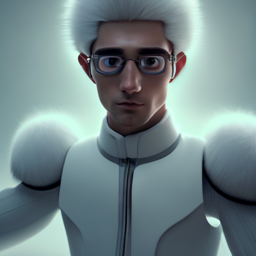 a clean,tall, short white haired young man in an inventor outfit, closeup cute and adorable, cute big circular reflective eyes, long fuzzy fur, Pixar render, unreal engine cinematic smooth, intricate detail, cinematic, award winning on shutterstock, canon eos 5D, 32k with style of (Henri Cartier-Bresson)