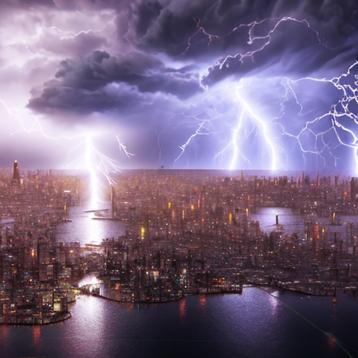 Lightning rain storm in destruction city, centered, 8k, HD with style of