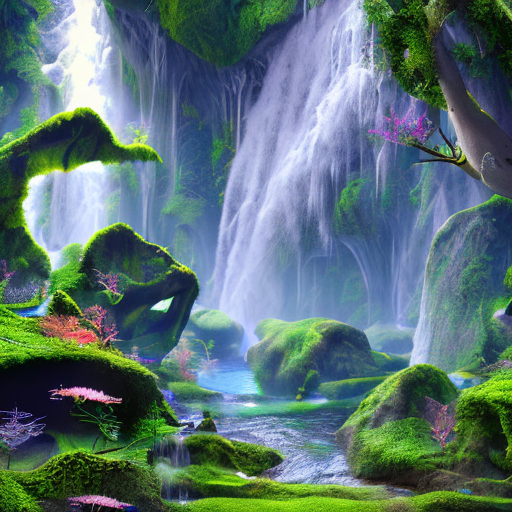 technology meets nature, simulated ecosystems, Holographic waterfalls, artificial ecosystems, Man-made nature, centered, 8k, HD with style of