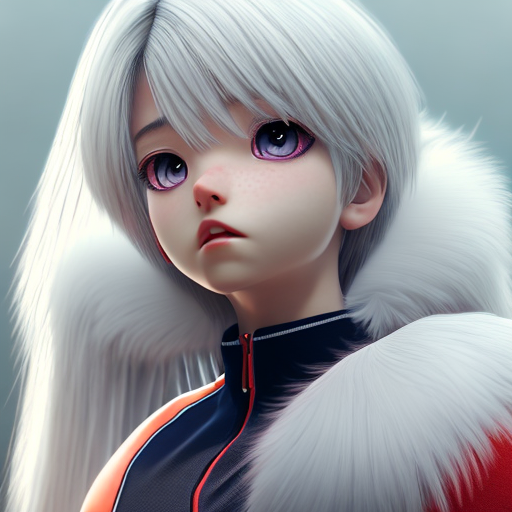 beautiful anime girl with white hair and volleyball jersey, closeup cute and adorable, cute big circular reflective eyes, long fuzzy fur, Pixar render, unreal engine cinematic smooth, intricate detail, cinematic, 8k, HD with style of