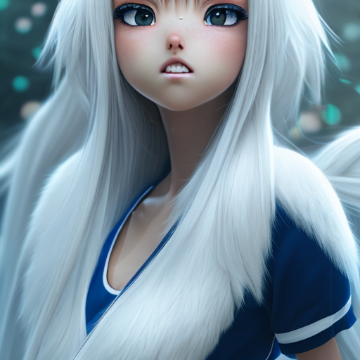 beautiful anime girl with white hair and volleyball jersey and long hair, closeup cute and adorable, cute big circular reflective eyes, long fuzzy fur, Pixar render, unreal engine cinematic smooth, intricate detail, cinematic, 8k, HD with style of
