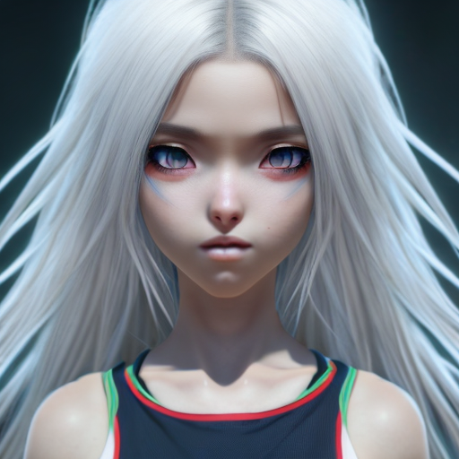 beautiful anime girl with white hair and volleyball jersey and long hair, closeup cute and adorable, cute big circular reflective eyes, long fuzzy fur, Pixar render, unreal engine cinematic smooth, intricate detail, cinematic, 8k, HD with style of