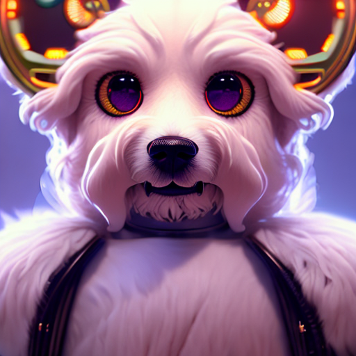 Futuristic puppy, closeup cute and adorable, cute big circular reflective eyes, long fuzzy fur, Pixar render, unreal engine cinematic smooth, intricate detail, cinematic, Pablo olivera, smooth lines, graphic novel, comic art, trending on artstation ((Mike Mignola)) with style of (Frank Miller)
