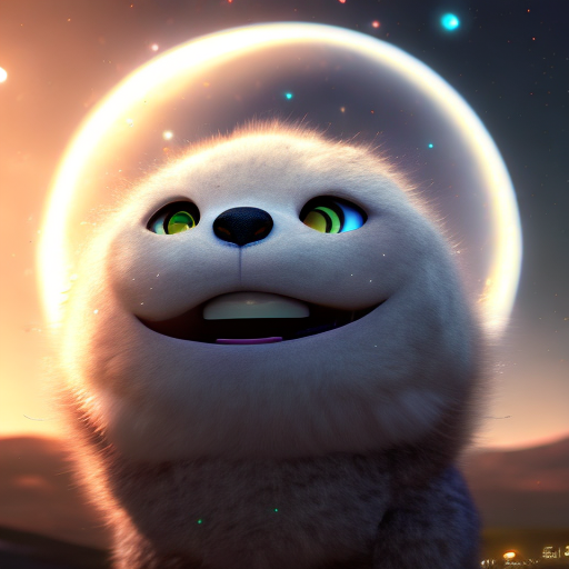 sun and moon in the night sky with shining stars, closeup cute and adorable, cute big circular reflective eyes, long fuzzy fur, Pixar render, unreal engine cinematic smooth, intricate detail, cinematic, 8k, HD with style of