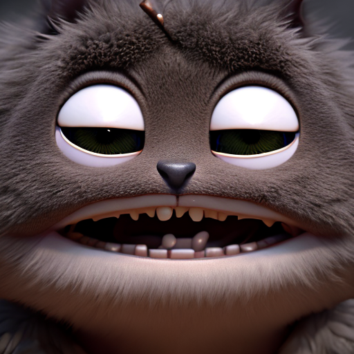 scary, closeup cute and adorable, cute big circular reflective eyes, long fuzzy fur, Pixar render, unreal engine cinematic smooth, intricate detail, cinematic, 8k, HD with style of