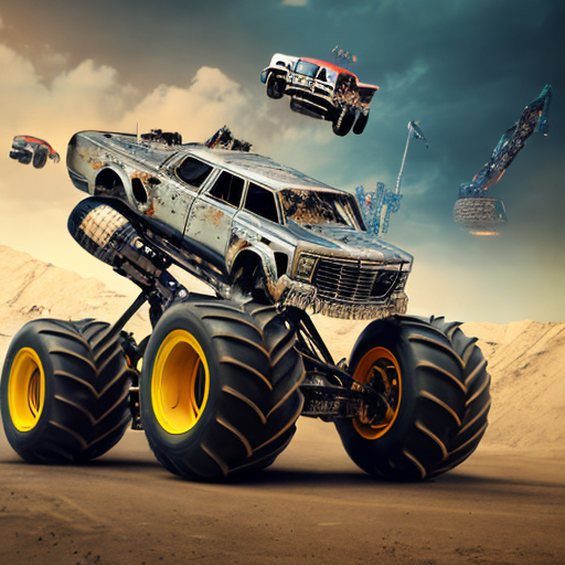 Monster truck demolition, mechanical, Futuristic, centered, award winning on shutterstock, canon eos 5D, 32k with style of (W. Eugene Smith)