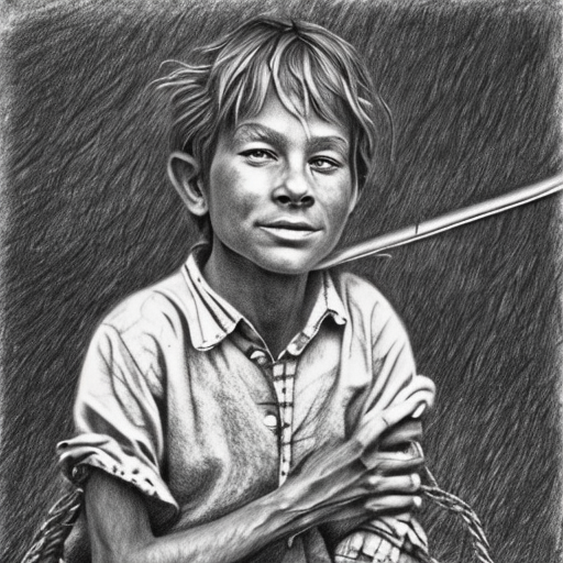 huck finn, centered, Realistic art, pencil drawing with style of